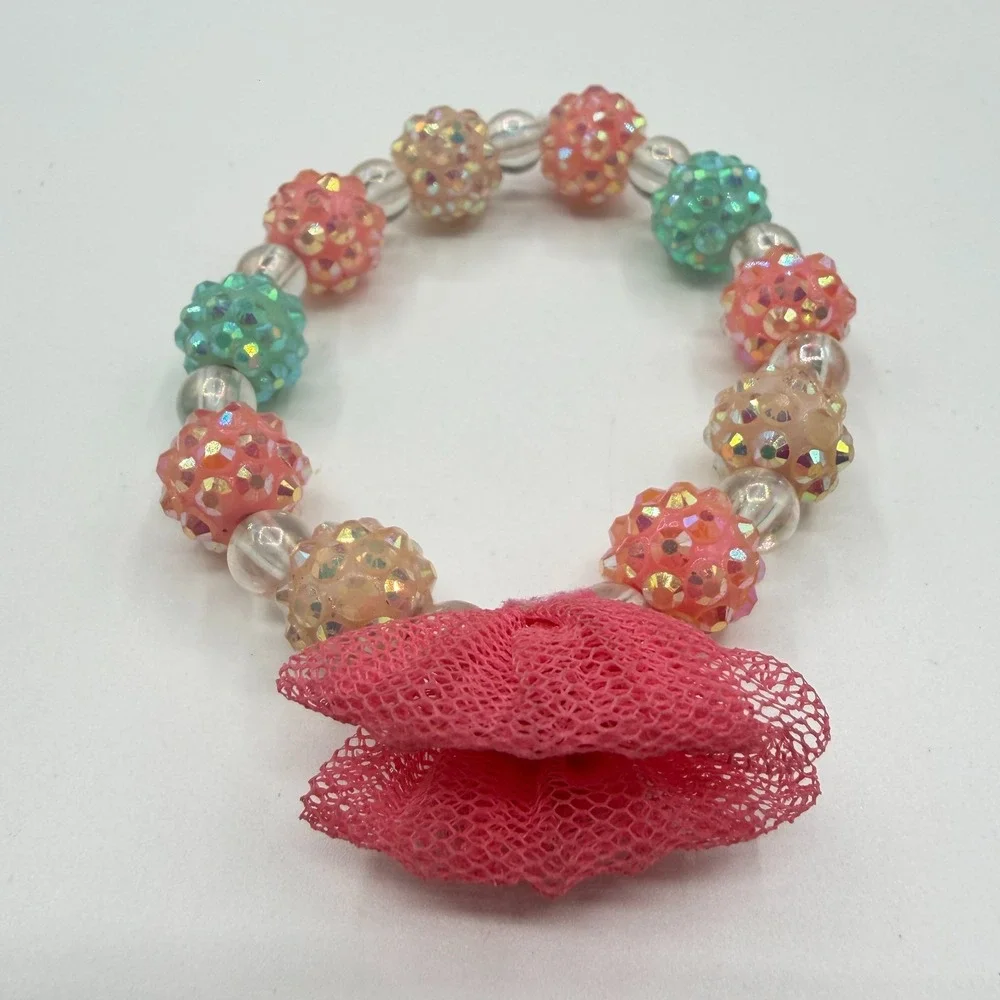 Girls Pink Flower Beaded Stretch Bracelet Sparkly Pastel Kids Gift Cute Floral